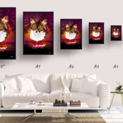 California Custom Retro Arcade Style Cat Portrait - Framed & Un-framed Pet illustration print from photo 18 retro arcade pet portrait cat california print size comparison