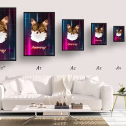 Hyperspeed Custom Retro Arcade Style Cat Portrait - Framed & Un-framed Pet illustration print from photo 19 retro arcade pet portrait cat hyperspeed print size comparison