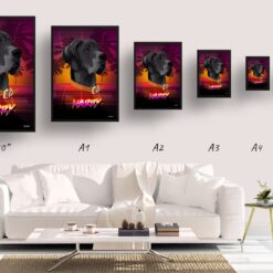 California Custom Retro Arcade Style Dog Portrait - Framed & Un-framed Pet illustration print from photo 18 retro arcade pet portrait dog california print size comparison