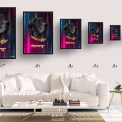Hyperspeed Custom Retro Arcade Style Dog Portrait - Framed & Un-framed Pet illustration print from photo 19 retro arcade pet portrait dog hyperspeed print size comparison