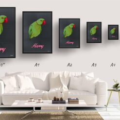 Bubblegum Custom Mid Century Retro Bird Portrait - Framed & Un-framed Pet illustration print from photo 18 retro pet portraits bird bubblegum print size comparison