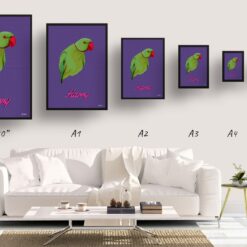 Deep Purple Custom Mid Century Retro Bird Portrait - Framed & Un-framed Pet illustration print from photo 19 retro pet portraits bird deep purple print size comparison