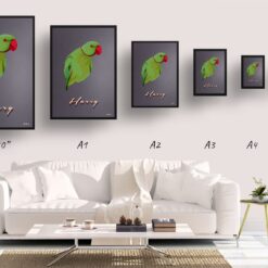 Night Script Custom Mid Century Retro Bird Portrait - Framed & Un-framed Pet illustration print from photo 19 retro pet portraits bird night script print size comparison