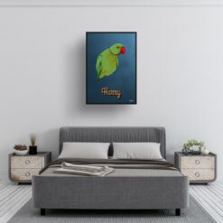 Rustic Blue Custom Mid Century Retro Bird Portrait - Framed & Un-framed Pet illustration print from photo 13 retro pet portraits bird rustic blue print bedroom