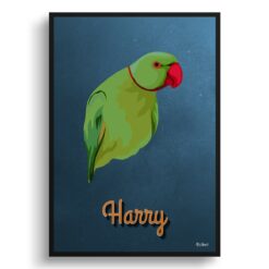 Rustic Blue Custom Mid Century Retro Bird Portrait -  Framed & Un-framed Pet illustration print from photo
