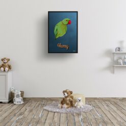Rustic Blue Custom Mid Century Retro Bird Portrait - Framed & Un-framed Pet illustration print from photo 16 retro pet portraits bird rustic blue print kids room