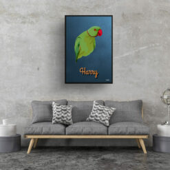 Rustic Blue Custom Mid Century Retro Bird Portrait - Framed & Un-framed Pet illustration print from photo 17 retro pet portraits bird rustic blue print living room