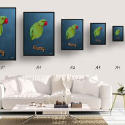 Rustic Blue Custom Mid Century Retro Bird Portrait - Framed & Un-framed Pet illustration print from photo 19 retro pet portraits bird rustic blue print size comparison