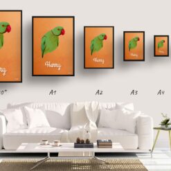 Sand And Stone Custom Mid Century Retro Bird Portrait - Framed & Un-framed Pet illustration print from photo 19 retro pet portraits bird sand and stone print size comparison