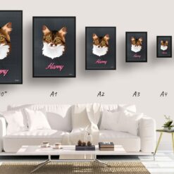 Bubblegum Custom Mid Century Retro Cat Portrait - Framed & Un-framed Pet illustration print from photo 18 retro pet portraits cat bubblegum print size comparison