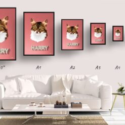 Decking Custom Mid Century Retro Cat Portrait - Framed & Un-framed Pet illustration print from photo 19 retro pet portraits cat decking print size comparison