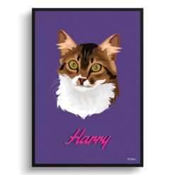 Deep Purple Custom Mid Century Retro Cat Portrait -  Framed & Un-framed Pet illustration print from photo