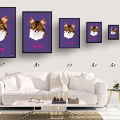 Deep Purple Custom Mid Century Retro Cat Portrait - Framed & Un-framed Pet illustration print from photo 19 retro pet portraits cat deep purple print size comparison