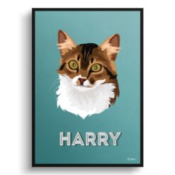 Mint Art Deco Custom Mid Century Retro Cat Portrait -  Framed & Un-framed Pet illustration print from photo