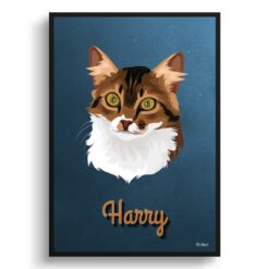 Rustic Blue Custom Mid Century Retro Cat Portrait -  Framed & Un-framed Pet illustration print from photo