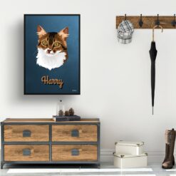 Rustic Blue Custom Mid Century Retro Cat Portrait - Framed & Un-framed Pet illustration print from photo 14 retro pet portraits cat rustic blue print hall