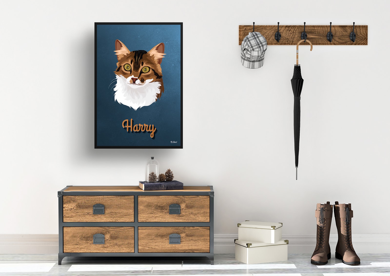 Rustic Blue Custom Mid Century Retro Cat Portrait - Framed & Un-framed Pet illustration print from photo 6 Rustic Blue Custom Mid Century Retro Cat Portrait - Framed & Un-framed Pet illustration print from photo - Image 4