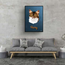 Rustic Blue Custom Mid Century Retro Cat Portrait - Framed & Un-framed Pet illustration print from photo 16 retro pet portraits cat rustic blue print living room
