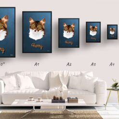 Rustic Blue Custom Mid Century Retro Cat Portrait - Framed & Un-framed Pet illustration print from photo 18 retro pet portraits cat rustic blue print size comparison