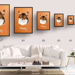 Sand And Stone Custom Mid Century Retro Cat Portrait - Framed & Un-framed Pet illustration print from photo 19 retro pet portraits cat sand and stone print size comparison