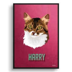 Vintage Teal Custom Mid Century Retro Cat Portrait -  Framed & Un-framed Pet illustration print from photo