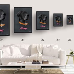 Bubblegum Custom Mid Century Retro Dog Portrait - Framed & Un-framed Pet illustration print from photo 18 retro pet portraits dog bubblegum print size comparison