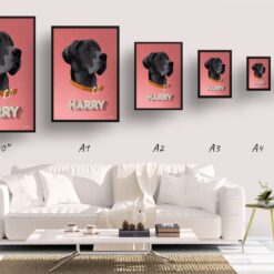 Decking Custom Mid Century Retro Dog Portrait - Framed & Un-framed Pet illustration print from photo 19 retro pet portraits dog decking print size comparison