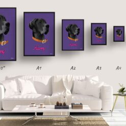 Deep Purple Custom Mid Century Retro Dog Portrait - Framed & Un-framed Pet illustration print from photo 19 retro pet portraits dog deep purple print size comparison