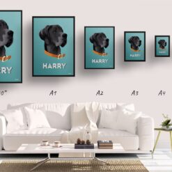 Mint Art Deco Custom Mid Century Retro Dog Portrait - Framed & Un-framed Pet illustration print from photo 19 retro pet portraits dog mint art deco print size comparison