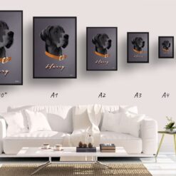 Night Script Custom Mid Century Retro Dog Portrait - Framed & Un-framed Pet illustration print from photo 19 retro pet portraits dog night script print size comparison