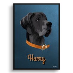 Rustic Blue Custom Mid Century Retro Dog Portrait -  Framed & Un-framed Pet illustration print from photo