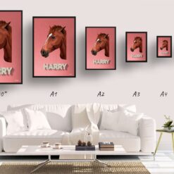Decking Custom Mid Century Retro Horse Portrait - Framed & Un-framed Pet illustration print from photo 19 retro pet portraits horse decking print size comparison