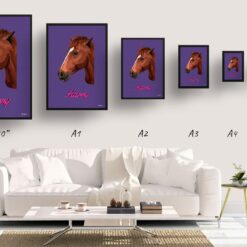 Deep Purple Custom Mid Century Retro Horse Portrait - Framed & Un-framed Pet illustration print from photo 19 retro pet portraits horse deep purple print size comparison