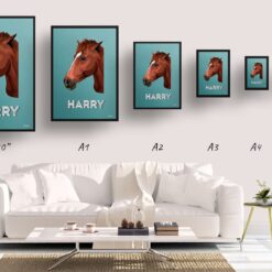Mint Art Deco Custom Mid Century Retro Horse Portrait - Framed & Un-framed Pet illustration print from photo 19 retro pet portraits horse mint art deco print size comparison
