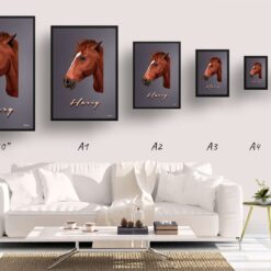 Night Script Custom Mid Century Retro Horse Portrait - Framed & Un-framed Pet illustration print from photo 19 retro pet portraits horse night script print size comparison