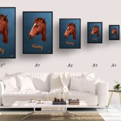 Rustic Blue Custom Mid Century Retro Horse Portrait - Framed & Un-framed Pet illustration print from photo 19 retro pet portraits horse rustic blue print size comparison