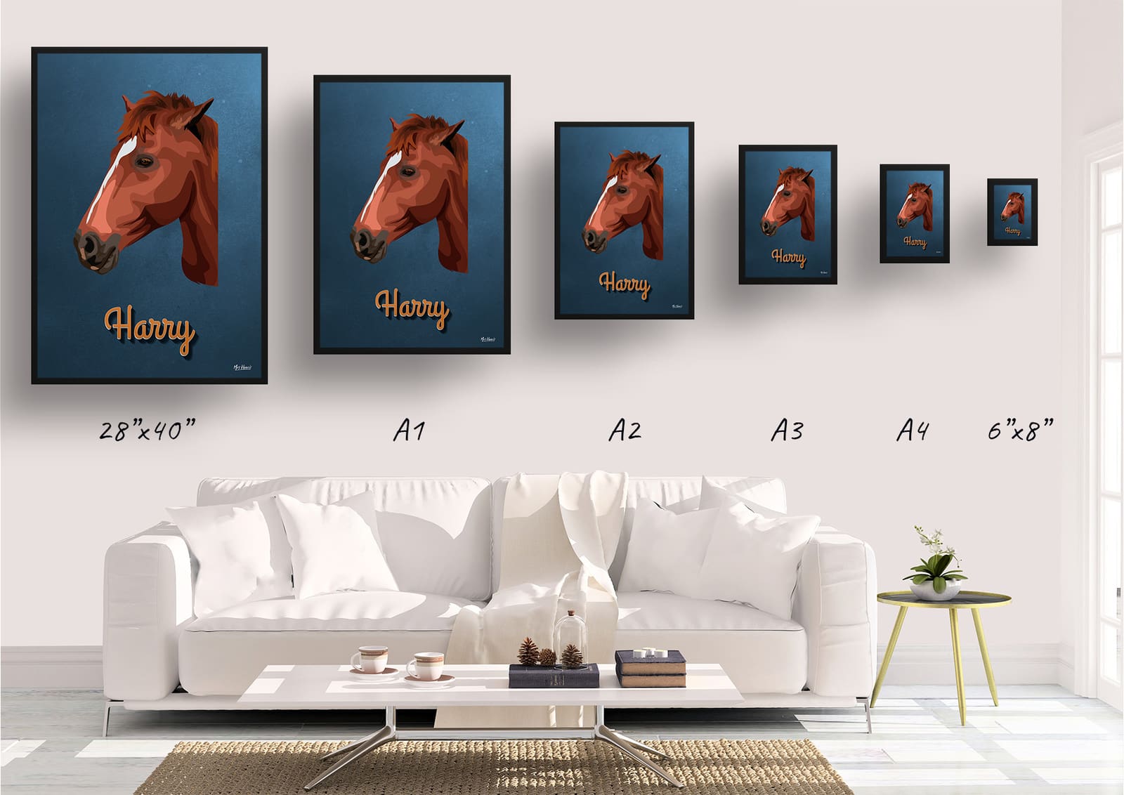 Rustic Blue Custom Mid Century Retro Horse Portrait - Framed & Un-framed Pet illustration print from photo 11 Rustic Blue Custom Mid Century Retro Horse Portrait - Framed & Un-framed Pet illustration print from photo - Image 9