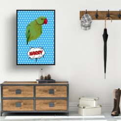 Blue dots Custom Pop Art Style Bird Portrait - Framed & Un-framed Pet illustration print from photo 15 retro pop art pet portrait bird blue dots print hall