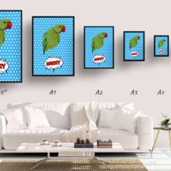 Blue dots Custom Pop Art Style Bird Portrait - Framed & Un-framed Pet illustration print from photo 19 retro pop art pet portrait bird blue dots print size comparison