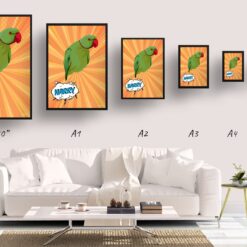 Orange blast Custom Pop Art Style Bird Portrait - Framed & Un-framed Pet illustration print from photo 19 retro pop art pet portrait bird orange blast print size comparison