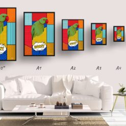 retro pop art pet portrait bird patchwork print size comparison