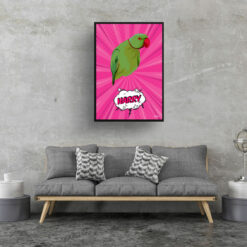 retro pop art pet portrait bird pink splash print living room
