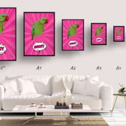 retro pop art pet portrait bird pink splash print size comparison