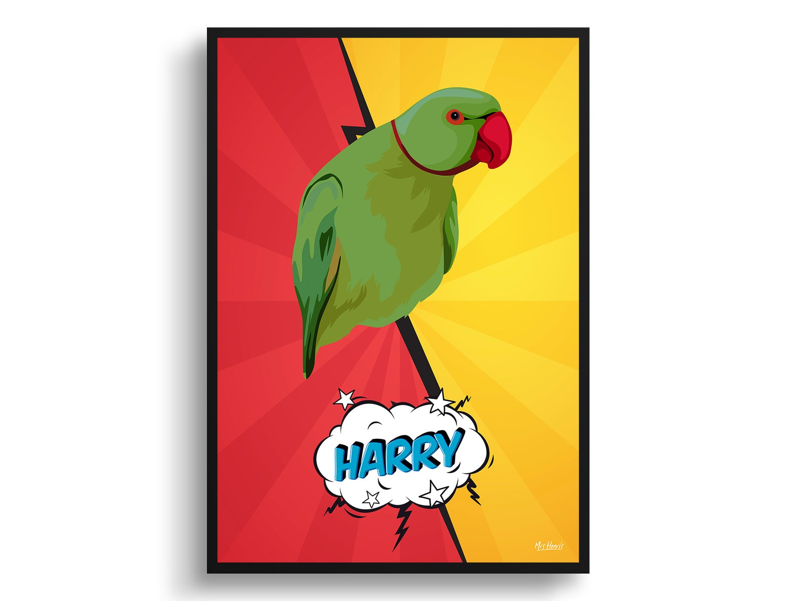 Red yellow split Custom Pop Art Style Bird Portrait - Framed & Un-framed Pet illustration print from photo 3 Red yellow split Custom Pop Art Style Bird Portrait - Framed & Un-framed Pet illustration print from photo