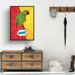 Red yellow split Custom Pop Art Style Bird Portrait - Framed & Un-framed Pet illustration print from photo 15 retro pop art pet portrait bird red yellow split print hall