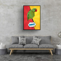 Red yellow split Custom Pop Art Style Bird Portrait - Framed & Un-framed Pet illustration print from photo 17 retro pop art pet portrait bird red yellow split print living room