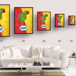 Red yellow split Custom Pop Art Style Bird Portrait - Framed & Un-framed Pet illustration print from photo 19 retro pop art pet portrait bird red yellow split print size comparison