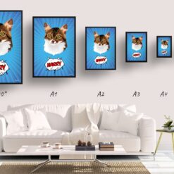 retro pop art pet portrait cat blue blast print size comparison