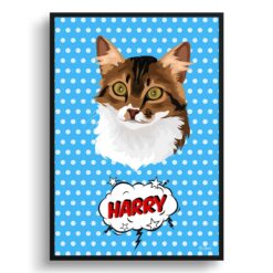 Blue dots Custom Pop Art Style Cat Portrait -  Framed & Un-framed Pet illustration print from photo