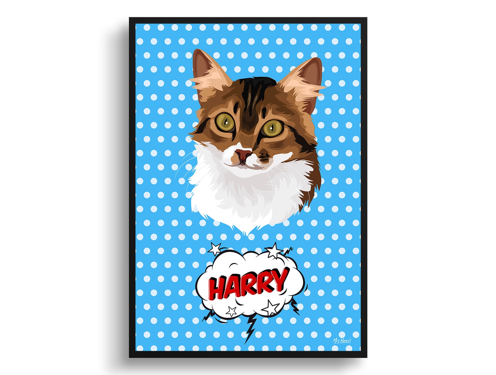 Blue dots Custom Pop Art Style Cat Portrait - Framed & Un-framed Pet illustration print from photo 3 Blue dots Custom Pop Art Style Cat Portrait - Framed & Un-framed Pet illustration print from photo